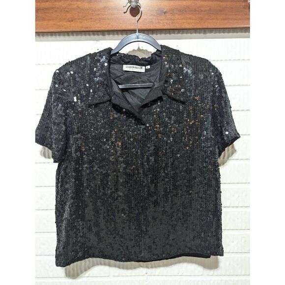 Harrison Morgan Manhattan Women's Black Silk Sequin Embellished Short Sleeve Top - Picture 1 of 8